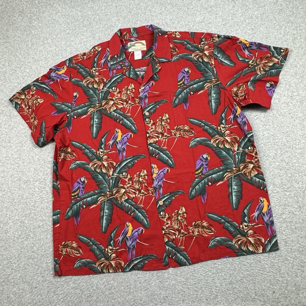 Paradise Found Hawaiian Shirt‎ Mens XL Cotton Parrot Palm Tree Magnum PI Retro